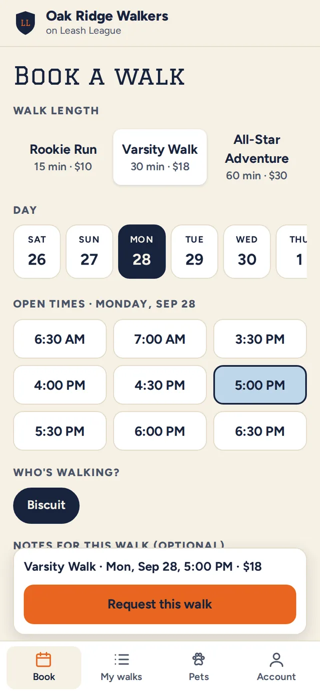 Booking screen with walk lengths, days, open times and a Request this walk button