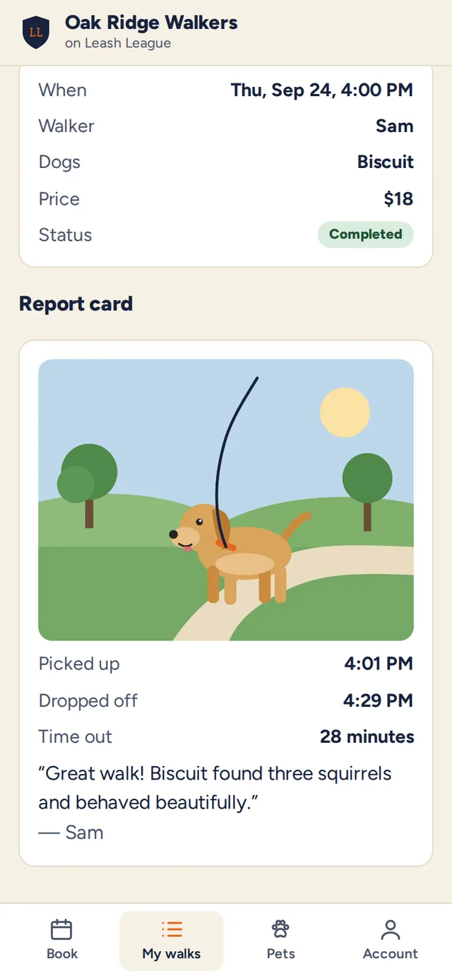 Report card with a walk photo, pickup and drop-off times, and the walker's note
